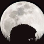 Vector silhouette of hedgehog with moon background. Symbol of ni
